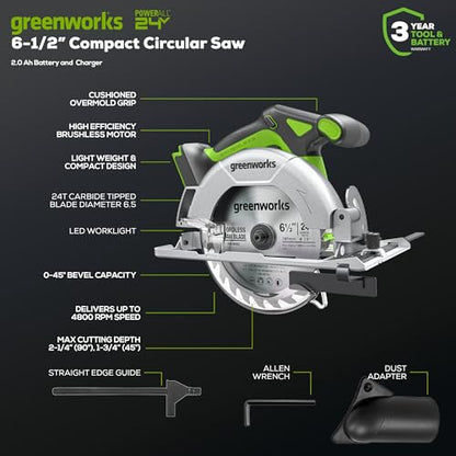 Greenworks 24V 5pcs Brushless Power Tool Combo kit: 310 in. -lbs Drill Driver, 1950 In. Ibs Impact Driver, Reciprocating Saw, Circular Saw, Flashlight With 3×2Ah Batteries & 2×Fast Charger - size: 5PCS Combo Kits