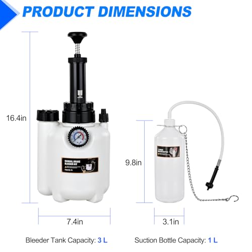 GOOACC Brake Bleeder Kit 3L Manual Brake Bleeder Vacuum Pump Brake Clutch Pressure Bleeder Flush Kit with 3L Fluid Extractor 1L Refilling Bottle E20 Master Cylinder Adapter Brake System Bleeding Tool - size: 3L Manual