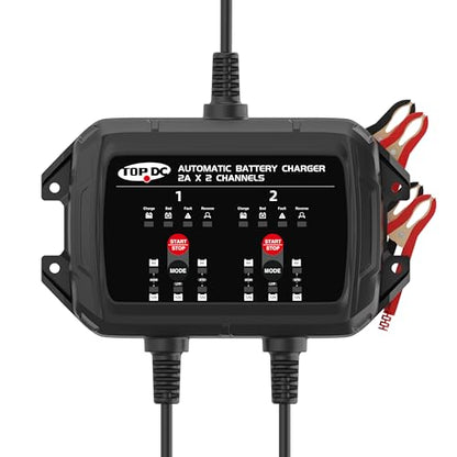 TOPDC 2-Bank Smart Battery Charger 4A, 2A/Bank 6V/12V Automatic Battery Maintainer, Trickle Charger & Desulfator with Overcharge Protection, Temp Compensation for STD AGM LiFePO4 - size: 4A (2A*2Banks)