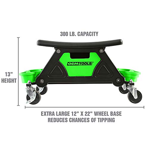 OEMTOOLS 24986 Heavy-Duty Rolling Workbench and Creeper Seat, Mechanics Stool with Wheels, Creepers, Shop Stools with Wheels, Automotive, Green and Black 300 LB Capacity | Molded Creeper Seat & Frame, 4 Multi-Purpose Cup Holders, Sliding Front Drawer for