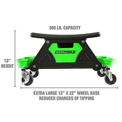 OEMTOOLS 24986 Heavy-Duty Rolling Workbench and Creeper Seat, Mechanics Stool with Wheels, Creepers, Shop Stools with Wheels, Automotive, Green and Black 300 LB Capacity | Molded Creeper Seat & Frame, 4 Multi-Purpose Cup Holders, Sliding Front Drawer for