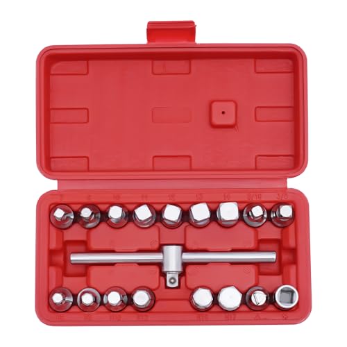 18PCS Oil Drain Sump Plug Key Set, 3/8'' Drive Removal Tool Kit with Sliding Bar, Oil Drain Plug Key