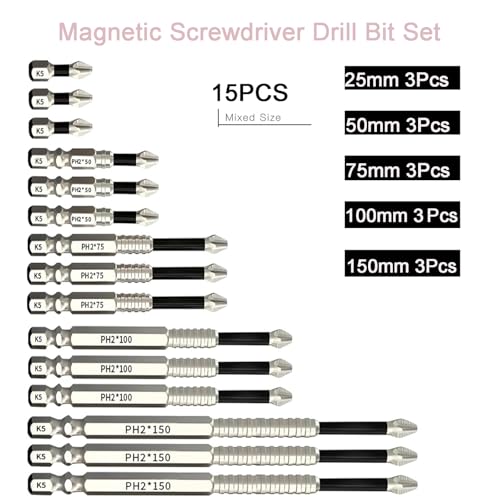 15 Pack Phillips Bits #2, High Magnetic Screwdriver Drill Bit Set - K5 Impact Resistant Non Slip Bit - S2 Alloy Steel - 1/4'' Hex Shank - 25 50 75 100 150mm - color: 15pcs