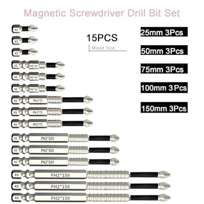 15 Pack Phillips Bits #2, High Magnetic Screwdriver Drill Bit Set - K5 Impact Resistant Non Slip Bit - S2 Alloy Steel - 1/4'' Hex Shank - 25 50 75 100 150mm - color: 15pcs