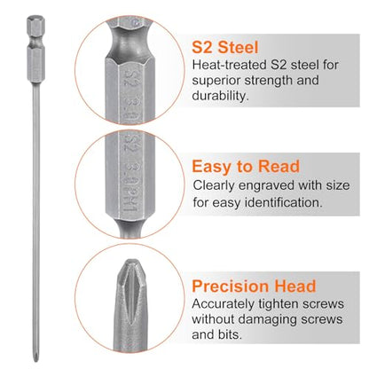 HARFINGTON 5pcs #1 Phillips Screwdriver Bit PH1 1/4" Hex Shank 6" (150mm) Long Magnetic S2 Steel Industrial Grade Screw Driver Bit Cross Head Electric Drill Bits 0.118" (3mm) Rod - size: PH1 x 150mm x 3mm