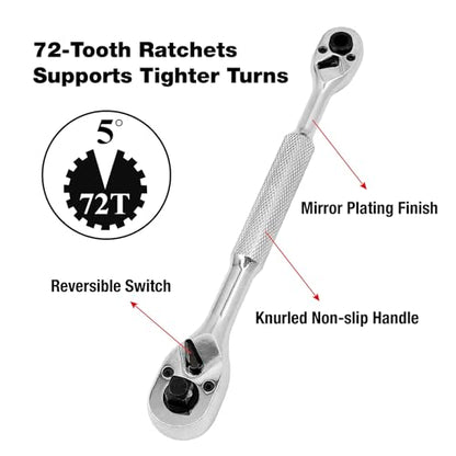 MacWork 4-in-1 Wrench and Universal Socket Set, 1/4", 3/8", 1/2" Drive and 1/4" Drive Bit Driver Ratchet Handle, 72-Tooth, with Universal Socket(7-19mm), Phillips #2 & Slotted 1/4" Screwdriver Bit