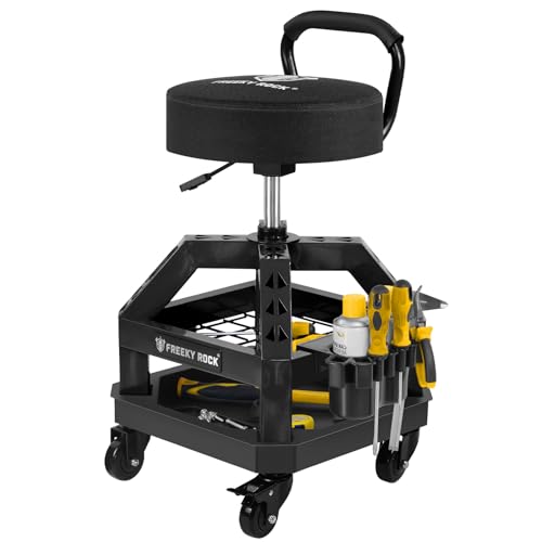 Rolling Shop Stool with Wheels, Heavy Duty Garage Work Mechanic Stool with Backrest, Adjustable Height 360°Swivel Rolling Chair with Tool Tray Storage, 330 LBS Capacity, Black - color: D11-black