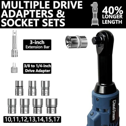 CloudDream 3/8" Cordless Electric Ratchet Wrench,45Ft-lbs(60N.m) Extended Ratchet Set with 2x 2.0Ah Batteries, Variable Speed Power Driver, 6 Sockets, 1/4" Adaptor & 3" Extension Bar