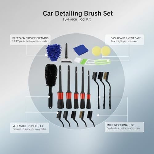 15-Piece Car Detailing Brush Set for Interior Vents, Dashboard Crevices & Console Gaps - Durable PP Plastic Cleaning Tool Kit - size: 12.99 x 5.71 x 1.97 in