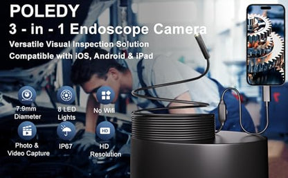 Endoscope Camera with Light, 1920P HD Borescope, 8 Adjustable LED Light, IP67 Waterproof 16.4ft Snake Camera, Semi-Rigid Cable Inspection for Android, iOS - style: Single camera