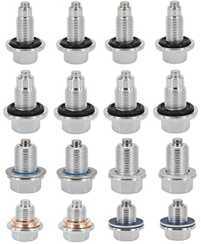 4PCS M12x1.75MM, 4PCS M14x1.5MM, 4PCS M14x1.5MM, 4PCS M12x1.25MM, Magnetic Engine Oil Drain Plug Assortment, fit for Select Models, with 32PCS Gaskets