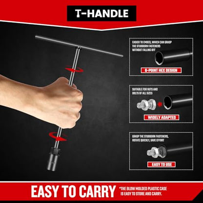 T-Handle Wrench Socket Set, 6-Point Cr-V Steel T Wrench Set Metric Size 6mm to 19mm, Lug Tool Socket with Long Reach for Motorcycle Bicycle Car Repair (11 Pack) - size: 11 Pack