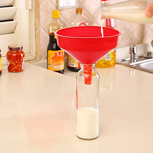 10 Pcs Red Plastic Funnel Set, 6.3 in Wide Mouth Fuel Funnels | PP Plastic, 0.6 in Wide Spout, 5.5 in Tall Body, Hang-Tab Rim, and Nesting Design for Oil, Gas, Coolant, and Dry Goods