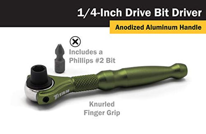 Titan Tools 11325 1/4-Inch Drive x 4-Inch 90-Tooth Swivel Head Micro Ratcheting Bit Driver - Green - style: Swivel Head - Green