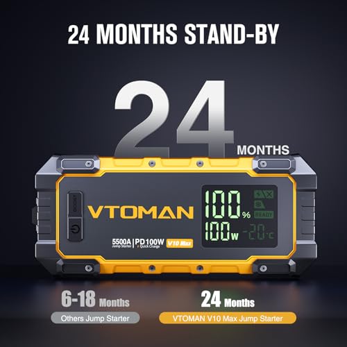 VTOMAN V10 Max 5500A Portable Jump Starter with 100W USB-C Fast Charger | Car Battery Jumper Starter Portable, All Gas or 12L Diesel Engines,12V Jump Start Booster Pack, Jump Box Comes, Pickup Trucks - color: yellow
