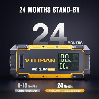 VTOMAN V10 Max 5500A Portable Jump Starter with 100W USB-C Fast Charger | Car Battery Jumper Starter Portable, All Gas or 12L Diesel Engines,12V Jump Start Booster Pack, Jump Box Comes, Pickup Trucks - color: yellow