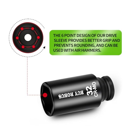 32mm Socket 1/2 Drive Deep Impact SAE Socket, 6 Point CR-MO for Easy Removal of Axle Nut - size: 32mm socket