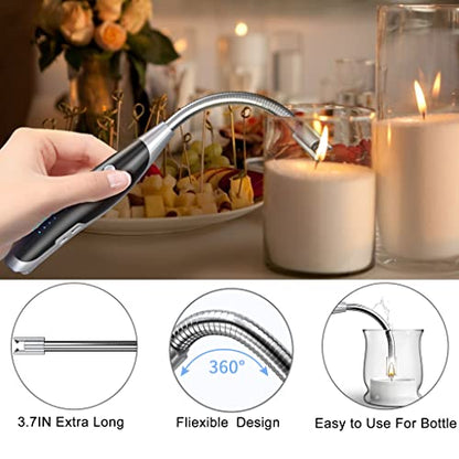 AT-Mizhi Electric Lighter - Rechargeable Long Neck Lighter with LED Flashlight for Candles, Camping & BBQ - color: Black