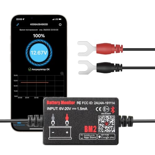 BM2 Bluetooth Battery Monitor 12V Car Battery Tester for Lead Acid Battery, LowVolt Alarm for All 12 Volts Solar Power Systems/RVs/Motorcycles/Boats/Cars Compatible with iPhone and Android - style: For 12V Lead Acid Battery