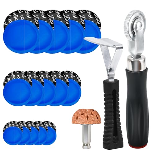 33PCS Tire Repair Patch Tools Tire Patch Kit, 30PCS Tire Patches(32mm/ 42mm/ 58mm with Tire Patch Roller, Tire Repair Buffing Wheel, Tire Inner Liner Scraper for Car Motorcycle Bike