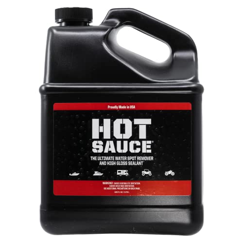 Bling Sauce Hot Sauce Hard Water Spot Remover with Wax Sealants, 1 Gallon | Hard water spot remover cleans without stripping wax, adds glossy sealants and works on boats, RVs, autos and glass - size: 128 Fl Oz (Pack of 1)