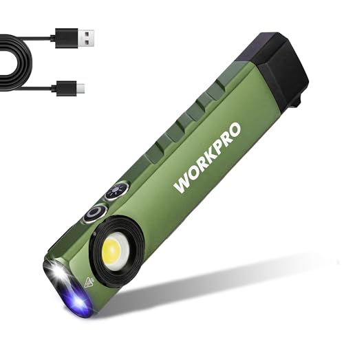 WORKPRO Rechargeable Flashlight, Magnetic EDC Flashlight Rechargeable, Flat Pocket Flashlight with UV Light, Slim LED Flashlight for Camping, Garage, Car Repair and Emergency-Green - color: Green
