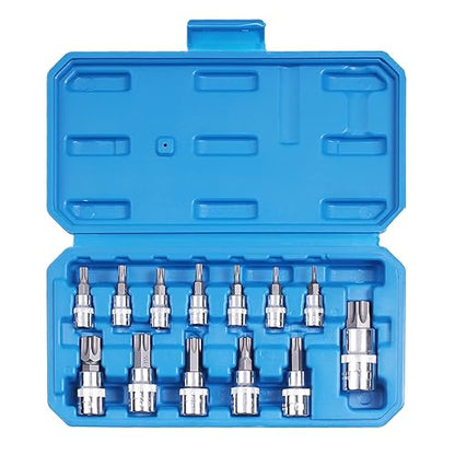 Qnkaa Torx Bit Socket Set 13pcs 3/8" Dr. T8 - T70 E Star S2 Alloy Steel | Premium Cr-V Steel Star Socket Torx Bits Metric 1/4, 3/8 and 1/2-Inch Drive