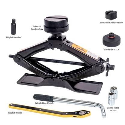 Scissor Jack 1.8 Ton Kit for Tesla Model 3 Y | Detachable extension column. Extra wide base. 2 rubber pads for Tesla + universal. Ratchet wrench. Storage bag included. - style: Changeable Head + Lug Wrench