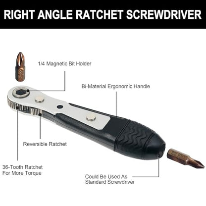 Mini Ratchet Screwdriver Set,Right Angle Screwdriver,Short Offset Screwdrivers with Phillips, Flat, Torx, Hex, Square,Pozidriv S2-Alloy Steel Bits (36-Teeth)