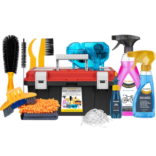 focopot Bike Cleaning Kit with 25 oz Bike Cleaner,10 Gear Floss,Toolbox | 13 Pcs,10oz Degreaser,2oz Lube,Scrubber,Suitable for Mountain/Road/E Bike,Biodegradable Safe Formula,Bike Cleaning Brush Tool