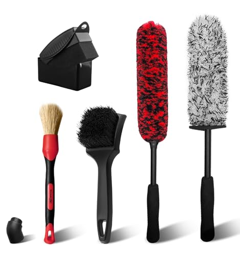 YeewayVeh Wheel Cleaning Kit, 5Pack Bendable Wheel Cleaning Brush and Microfiber Rim Cleaner Brush, Tire Dressing Applicator and Car Detailing Brush for Wheel Care and Cleaning Kit, Red - color: Red, size: 5 Pack