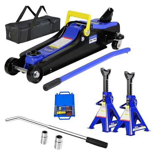 Black+Blue 2 Ton Low Profile Steel Racing Floor Jack with Quick Lift Pump - 2t Jack Stand Tire Repair Kit - Lifting Range 1.5-24 Inches - color: Black+Blue2