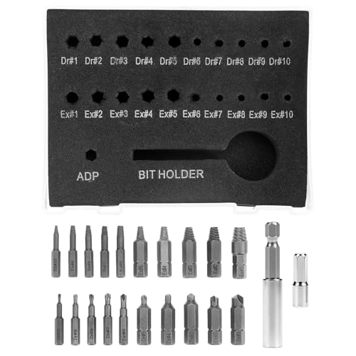 QWORK Screw Extractor Set for Stripped, Broken, Damaged Screws, 22 PCS Stripped Kit, Damaged Screw Remover Set, with Magnetic Extension Bit Holder and Socket Adapter