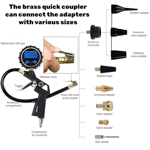 Hausse Heavy Duty Compressor Accessory Kit - Digital Tire Pressure Gauge with Inflator, Blow Gun and Hose Fittings, 1/4" NPT Air Tool Kit - size: Digital Gauge