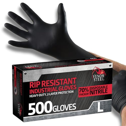 Venom Steel Industrial Nitrile Gloves, Chemical Resistant Disposable Black Gloves, Latex-Free, Powder-Free, Textured Grip, Heavy Duty Two-Layer Protection, 6 mil, Large (Pack of 500) - size: Large (Pack of 500)