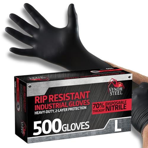Venom Steel Industrial Nitrile Gloves, Chemical Resistant Disposable Black Gloves, Latex-Free, Powder-Free, Textured Grip, Heavy Duty Two-Layer Protection, 6 mil, Large (Pack of 500) - size: Large (Pack of 500)