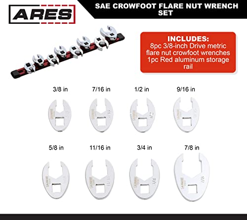 ARES 33011 – 8-Piece SAE Flare Nut Crowfoot Wrench Set – 3/8-Inch Drive Flare Nut Crowfoot Wrenches from 3/8-Inch to 7/8-Inch - Includes Storage Rail - size: 8-Piece SAE Flare Nut Crowfoot Wrench Set