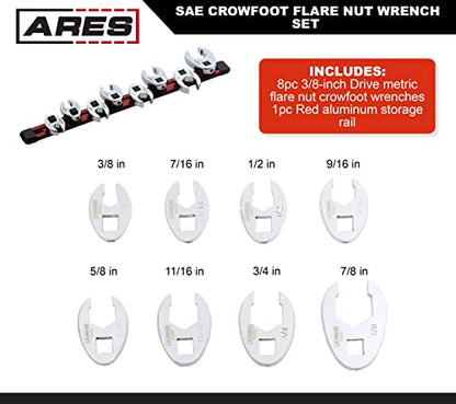 ARES 33011 – 8-Piece SAE Flare Nut Crowfoot Wrench Set – 3/8-Inch Drive Flare Nut Crowfoot Wrenches from 3/8-Inch to 7/8-Inch - Includes Storage Rail - size: 8-Piece SAE Flare Nut Crowfoot Wrench Set
