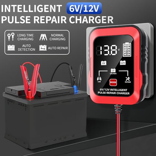6V 12V Battery Charger 1.5A Automatic Battery Maintainer Trickle Charger Smart Float Charge, Auto Battery Repair Charger Desulfator for Car Motorcycle Lawn Mower Boat Lead Acid AGM LiFePO4 Batteries