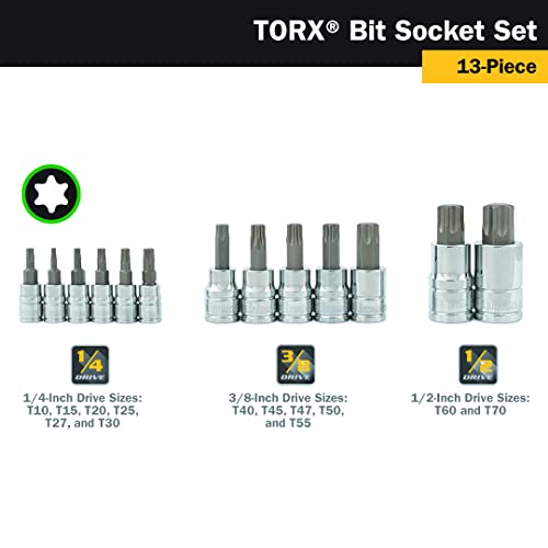 Titan 85532 13-Piece Torx Bit Socket Set, Magnetic Socket Organizer with Laser-Etched Size Markings - style: New Torx