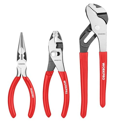 WORKPRO Pliers Set, 3-Piece Plier Tool Set with Soft Handle | 6" Needle Nose, 6" Slip Joint, 8" Groove Joint Plier for DIY & Home Use - color: Red