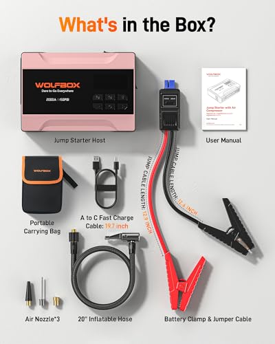 WOLFBOX 2000A Jump Starter with Air Compressor, 37Wh Car Battery Booster Jumper Starter Portable(up to 5L Gas Engine), 12V Jump Box Pack with 150PSI Tire Inflator, Jumper Cables, LED Light — Rose Gold - color: Rose Gold
