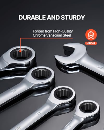 VEVOR Combination Wrench Set, 16-Piece Ratcheting Wrench Set with Organizer Rack, Cr-V Steel, Metric 8 mm to 24 mm, Ideal for General Household, Garage, Workshop, Auto Repairs, Emergency - size: 16PCS (Metric), style: Regular