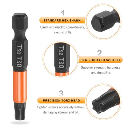 HARFINGTON 3pcs T30 Torx Head Screwdriver Bit 2" (50mm) Long 1/4" Hex Shank Magnetic No Hole Tamper Proof 6 Point Star Screw Driver Drill Bits Phosphate S2 Steel Industrial Power Tools - size: T30 x 50mm