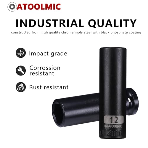 3/8 Inch Drive x 12mm Deep 6PT CR-MO Impact Socket for Removing Axle nut | Metric Socket,6-Point Radius Corner Design,Two Size Markings,Square Chamfered Opening,For Removal of Axle Nut - size: 12 mm, style: 3/8" Drive Deep Socket