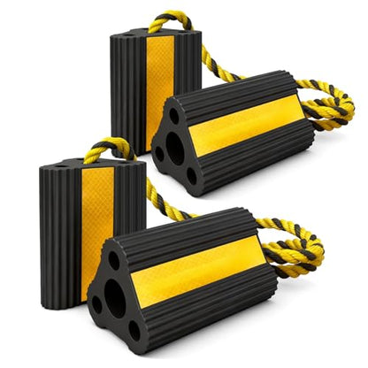 Wheel Chocks for RV Trailer Camper Truck Car, Versatile Heavy Duty Rubber Wheel Immobilizers & Chocks, Wheel Chocks Block with Rope and Reflective Strips [2 Pair 4 Pack]