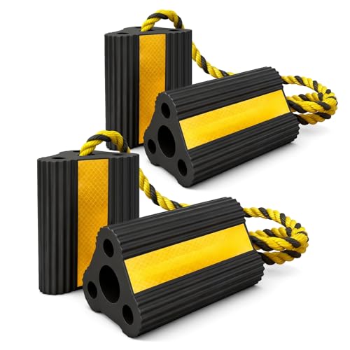 Wheel Chocks for RV Trailer Camper Truck Car, Versatile Heavy Duty Rubber Wheel Immobilizers & Chocks, Wheel Chocks Block with Rope and Reflective Strips [2 Pair 4 Pack]