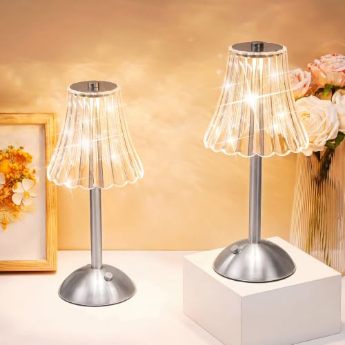 Liliful 2 Pcs Cordless Table Lamp Rechargeable Touch LED Small Gold Portable Battery Operated USB-c Desk Lamp 3 Color Dimmable for Bedroom Living Room Dining (Silver,Rose Style) - color: Rose Style, size: Silver