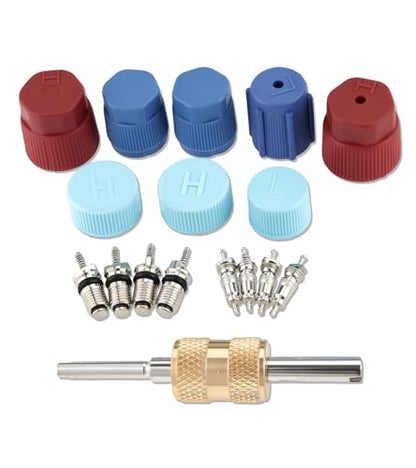 17Pcs Air Conditioning Valve Core Kit Schrader Valve Cores Accessories A/C R12 R134a Refrigeration Valve Stem Core Rmover Tool HVAC System Seal Caps Kit