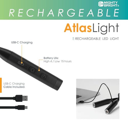 Mighty Bright Atlas Rechargeable Neck Light, 12 LED, 3 Color Temperatures, USB-C Charging Cable Included (Black) - color: Black